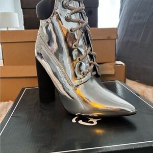 Qupid Silver and Black Heeled Boots with Sleek Design